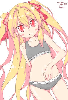 1girl arm_behind_back blush bra commentary_request grey_bra grey_panties hand_on_own_stomach highres irotoridori_no_sekai loli long_hair looking_at_viewer navel nikaidou_shinku nyaa_(minamashiro) panties red_eyes red_ribbon ribbon smile solo stomach thigh_gap thighs training_bra two_side_up underwear underwear_only very_long_hair