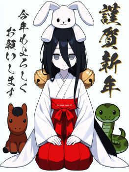 Rule 34 | 1girl, animal, bell, black hair, chinese zodiac, chuugoku usagi, closed mouth, commentary request, full body, grey background, grey eyes, hair bell, hair between eyes, hair ornament, hakama, hakama skirt, happy new year, highres, horse, japanese clothes, jingle bell, kimono, long hair, long sleeves, looking at viewer, miko, new year, on head, pale skin, red hakama, seiza, simple background, sitting, skirt, sleeves past wrists, smile, snake, solo, stuffed animal, stuffed rabbit, stuffed toy, suuchi maigo (nan), translation request, utau, very long hair, white kimono, wide sleeves, year of the horse, year of the snake