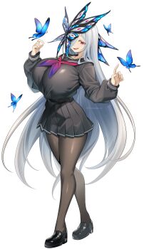 1girl absurdres bachumaro_xo black_pantyhose black_sailor_collar black_serafuku black_shirt black_shoes black_skirt blue_butterfly breasts bug butterfly butterfly_hair_ornament commentary_request full_body grey_hair hair_ornament hair_over_one_eye highres huge_breasts insect loafers long_hair long_sleeves open_mouth original pantyhose red_eyes sailor_collar school_uniform serafuku shirt shoes sidelocks simple_background skirt smile standing very_long_hair white_background