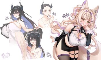 absurdres animal_ear_fluff animal_ears applying_makeup applying_own_makeup asymmetrical_horns black_hair black_horns blonde_hair breasts brushing commentary curly_sidelocks demon_horns dog_ears dog_girl dog_tail english_commentary green_eyes hair_ornament highres hololive hololive_english horns large_breasts long_hair looking_at_viewer mofufu_(nerissa_ravencroft) mole mole_under_eye multicolored_hair nerissa_ravencroft nyctea_snow red_eyes smile streaked_hair tail towel towel_around_breasts uneven_horns virtual_youtuber wig