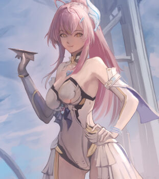 1girl aemeath_(wuthering_waves) ahoge bare_shoulders blue_sky breasts chucky_(chucky1000sun) closed_mouth commentary_request cowboy_shot day elbow_gloves gloves hair_ornament hand_on_own_hip highres holding holding_paper_airplane leotard long_hair looking_at_viewer medium_breasts outdoors paper_airplane pink_hair ponytail showgirl_skirt skirt sky smile solo white_gloves white_leotard white_skirt wuthering_waves yellow_eyes