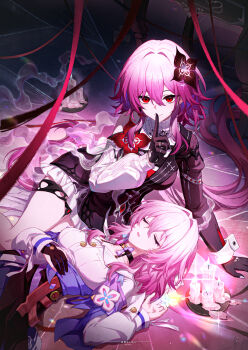 2girls absurdres black_gloves book breasts cancancancan candle chinese_commentary closed_eyes closed_mouth commentary_request dress evernight_(honkai:_star_rail) finger_to_mouth gloves hair_between_eyes hair_ornament highres honkai:_star_rail honkai_(series) index_finger_raised jacket lap_pillow long_hair long_sleeves looking_at_viewer lying march_7th_(honkai:_star_rail) multiple_girls on_back on_floor on_side pink_hair red_eyes shirt shushing skirt sleeping smile white_shirt