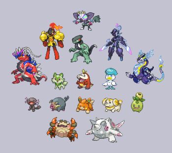 animal_focus arm_blade armarouge armor black_sclera blade blue_eyes bread bright_pupils ceruledge cetitan claws closed_mouth colored_sclera crab cyclizar dog eye_trail fangs fidough food fuecoco grafaiai green_eyes grey_background klawf lechonk light_trail miraidon nintendo no_humans o_o onigashira_ginkaku open_mouth paldean_wooper pawmi pig pixel_art pokemon pokemon_(creature) pokemon_sv quaxly simple_background smoliv sprigatito wavy_mouth weapon white_pupils