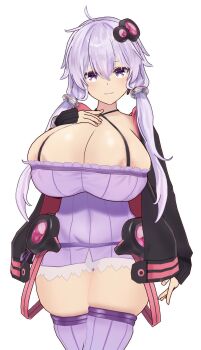 1girl breasts covered_erect_nipples curvy dekapaiyukari facominn highres huge_breasts light_purple_hair nipples purple_eyes solo thick_thighs thighs vocaloid yuzuki_yukari