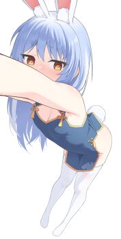 1girl alternate_costume alternate_hairstyle animal_ear_fluff animal_ears bent_over blue_hair breasts china_dress chinese_clothes cleavage cleavage_cutout clothing_cutout commentary dress highres hololive korean_commentary long_hair looking_at_viewer looking_to_the_side no_panties no_shoes outstretched_arms rabbit-shaped_pupils rabbit_ears rabbit_girl rabbit_tail red_eyes short_eyebrows side_slit small_breasts solo symbol-only_commentary symbol-shaped_pupils tail thick_eyebrows thighhighs ugaaaa1 usada_pekora virtual_youtuber white_background white_thighhighs