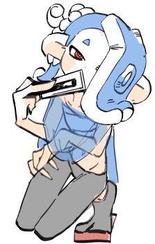 Rule 34 | 1girl, aluy01, blue hair, chest sarashi, folding fan, hair over one eye, hand fan, kneeling, looking at viewer, nintendo, octoling, paper fan, sarashi, shiver (deep cut outfit) (splatoon), shiver (splatoon), solo, splatoon (series), splatoon 3, tentacle hair, white background