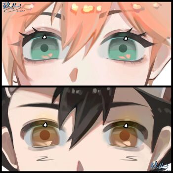 1boy 1girl ash_ketchum baseball_cap black_hair brown_eyes eye_focus eyelashes facial_mark green_eyes hair_between_eyes hat highres looking_at_viewer misty_(pokemon) nintendo orange_hair pokemon pokemon_(anime) pokemon_(classic_anime) pokemon_rgby short_hair symbol-shaped_pupils