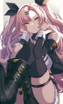 1girl bare_shoulders black_boots black_ribbon black_shorts black_thighhighs boots border breasts closed_mouth clothing_cutout commentary_request green_eyes grey_background hair_ornament hairclip highres jewelry knees_up large_breasts long_hair looking_at_viewer micro_shorts mole mole_under_eye multicolored_nails necklace nicole_demara nyorori_(tatsutaage) pink_hair ribbon short_eyebrows shorts shoulder_cutout single_thighhigh solo sparkle strapless thigh_strap thighhighs tube_top two_side_up white_border white_tube_top zenless_zone_zero