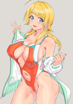 Rule 34 | 1girl, ahoge, blonde hair, blue eyes, breasts, cleavage, clothing cutout, dokiyuri, hachimiya meguru, highres, idolmaster, idolmaster shiny colors, large breasts, long hair, looking at viewer, navel, navel cutout, smile, solo, v