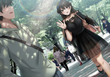 1boy 1girl absurdres black_choker black_dress black_hair black_shoes blue_nails breasts brown_eyes brown_hair choker commentary_request dress dutch_angle green_hoodie highres hood hoodie konata_(kankin_jk) large_breasts long_hair mishiranu_joshikousei_ni_kankin_sareta_mangaka_no_hanashi open_mouth red_bag ryouma_(galley) sensei_(kankin_jk) shoes short_hair smile walking waving