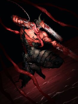 1boy black_horns blood bloody_weapon chainsaw chainsaw_man closed_mouth commentary dark_background demon_horns denji_(chainsaw_man) denji_man_(chainsaw_man) english_commentary full_body highres horns intestine_clothing intestines male_focus multiple_scars pedro_renji pull_cord scar scar_on_face scarf solo tongue tongue_out weapon yellow_eyes