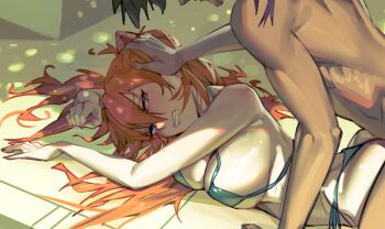 1girl age_difference antenna_hair armpits ass bare_arms bare_shoulders barefoot bent_over bikini black_shorts blue_bikini blue_eyes blush breast_press breasts breasts_squeezed_together brown_hair bush cleavage clenched_teeth cloudy_rain4 collarbone collared_shirt curvy day embarrassed eyelashes fang frown grabbing_from_behind hair_between_eyes hair_ornament hair_over_shoulder hand_on_another's_head hetero highleg highleg_bikini highres implied_sex large_breasts legs long_hair looking_at_another looking_at_viewer looking_back lying medium_breasts medium_hair messy_hair midriff moaning multiple_girls multiple_views neon_genesis_evangelion on_stomach one-piece_swimsuit orange_hair parted_lips pool poolside prone_bone red_eyes red_lips restrained sex sex_from_behind shiny_skin shirt short_sleeves shorts side-tie_bikini_bottom sidelocks simple_background sitting souryuu_asuka_langley sunlight swimsuit teeth thigh_strap thighs thong thong_bikini tsundere two_side_up unbuttoned very_long_hair water wide_hips