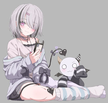 1girl absurdres asumi_sena black_hair bule_blue_2 cellphone closed_mouth commentary_request fang full_body grey_background grey_hair highres holding holding_phone leg_warmers long_sleeves looking_at_viewer multicolored_hair multiple_tails no_shoes phone pink_eyes shirt short_hair simple_background single_bare_shoulder single_leg_warmer single_thighhigh sitting smartphone smile socks solo streaked_hair striped_leg_warmers tail thighhighs two_tails virtual_youtuber vspo! white_socks white_thighhighs