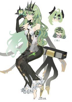 Rule 34 | 2girls, absurdres, ahoge, bare shoulders, barefoot, black dress, black gloves, black tiara, breasts, chibi, chinese commentary, commentary request, dress, elbow gloves, feet, gloves, green skirt, highres, honkai (series), honkai impact 3rd, klein (honkai impact), lingyu64182, long hair, looking at viewer, mobius (honkai impact), mobius (mobius dressing) (honkai impact), multiple girls, pink dress, simple background, skirt, slit pupils, small breasts, tiara, translation request, very long hair, white background