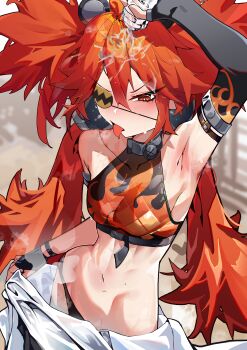 1girl absurdres animal_ears arm_up armpits asymmetrical_gloves bare_shoulders bear_ears black_gloves black_panties bottle breasts commentary cowboy_shot crop_top elbow_gloves eyepatch fake_animal_ears fingerless_gloves gloves hair_between_eyes highres hip_bones holding holding_bottle its2h35 koleda_belobog long_hair low_twintails navel one_eye_covered panties pouring pouring_onto_self red_eyes small_breasts solo symbol-only_commentary tongue tongue_out tsurime twintails underwear uneven_gloves v-shaped_eyebrows water zenless_zone_zero