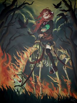 1girl absurdres ahoge bird black_cardigan black_skirt black_thighhighs bow bowtie broken_heart broken_heart_hair_ornament brown_hair brown_shoes cardigan closed_mouth commentary commission crow dress_shirt english_commentary evil_neuro-sama fire from_below from_side grass hair_ornament hair_ribbon heart highres horse horseback_riding long_hair long_sleeves miniskirt neuro-sama outdoors pleated_skirt red_bow red_bowtie red_eyes red_ribbon ribbon riding shirt shoes skeleton_horse skirt skull_hair_ornament thighhighs turtle two_side_up vedal987 vedal_ai virtual_youtuber white_shirt wide_shot yngxx1895996