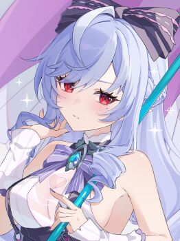 1girl absurdres bow braid breasts cleavage cleavage_cutout clothing_cutout commentary_request fingernails hair_between_eyes hair_bow heart_cutout highres holding holding_umbrella medium_breasts mole mole_under_eye nail_polish nya_inuha official_alternate_costume one-piece_swimsuit parted_lips purple_bow purple_nails red_eyes sideboob sleeveless solo swimsuit umbrella upper_body vivian_banshee vivian_banshee_(iris_of_the_shore) zenless_zone_zero