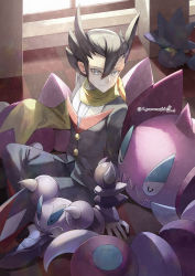 1boy black_hair buttons closed_mouth commentary_request drapion eyelashes gen_2_pokemon gen_4_pokemon grey_eyes grimsley_(pokemon) hair_between_eyes highres jacket long_sleeves looking_at_viewer male_focus murkrow nintendo pants pokemon pokemon_(creature) pokemon_bw scarf shirt shoes short_hair sitting skorupi smile spiked_hair yamanashi_taiki yellow_scarf