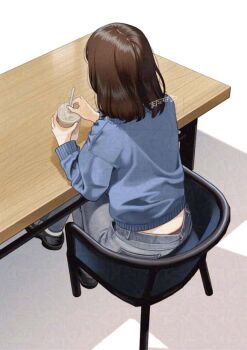 1girl brown_hair cup denim downpants jeans mattaku_mousuke pants short_hair tagme