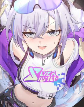 1girl alternate_breast_size_(larger) aqua_hair black_shorts breasts commentary_request crop_top drill_hair goggles goggles_on_head gradient_hair grey_eyes grey_hair headphones headphones_around_neck highres honkai:_star_rail honkai_(series) large_breasts long_hair looking_at_viewer midriff multicolored_hair navel open_mouth paid_reward_available shorts silver_wolf_(honkai:_star_rail) silver_wolf_(lv.999)_(honkai:_star_rail) solo tomas_(kaosu22) two-tone_hair very_long_hair