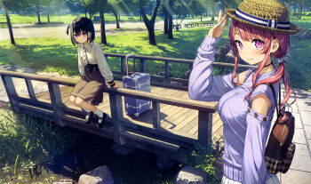 Rule 34 | 2girls, absurdres, backpack, bag, black skirt, blush, breasts, bridge, day, hair ornament, hair scrunchie, hat, hat ribbon, highres, kantoku, kurumi (kantoku), long hair, looking at viewer, medium breasts, multiple girls, non-web source, original, outdoors, park, pleated skirt, purple eyes, purple sweater, red hair, ribbon, rolling suitcase, scrunchie, shirt, shizuku (kantoku), short hair, sidelocks, sitting, skirt, smile, socks, standing, suitcase, sweater, tree, white shirt, white skirt, white socks