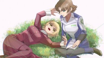 blonde_hair breasts brown_hair cagalli_yula_athha grass gundam gundam_seed gundam_seed_freedom hiii_biki jacket long_sleeves lying military military_uniform miriallia_haw multiple_girls on_grass open_mouth outdoors pants parted_bangs shirt short_hair sitting skirt smile swept_bangs thighhighs yellow_eyes
