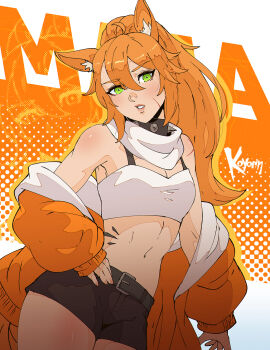 1girl ahoge animal_ear_fluff animal_ears arknights artist_name bare_shoulders belt black_shorts blonde_hair blyskawica_(flandre5carlet) breasts character_name cleavage collar commission commissioner_upload cowboy_shot crop_top denim denim_shorts facial_scar green_eyes hair_between_eyes hand_on_own_hip highres horse_ears horse_girl horse_tail jacket jacket_partially_removed koyorin long_hair long_sleeves looking_at_viewer material_growth navel non-web_source off_shoulder open_clothes open_jacket orange_jacket original oripathy_lesion_(arknights) parted_lips ponytail scar scar_on_cheek scar_on_face scar_on_shoulder scarf second-party_source shorts signature silhouette small_breasts solo spiked_collar spikes standing stomach tail white_scarf