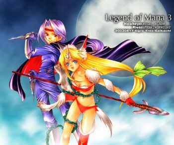 1boy 1girl 2002 animal_ears artist_name bad_id bikini black_cape blonde_hair blue_bodysuit blue_eyes bodysuit bow breasts cape chain character_name cleavage collarbone commentary_request copyright_name curtained_hair dated fenrir_knight full_moon gloves green_bow groin hawkeye_(seiken_densetsu_3) headband holding holding_kunai holding_polearm holding_weapon horns kunai long_hair low-tied_long_hair medium_breasts moon navel nightblade_(seiken_densetsu_3) pelt polearm purple_hair red_bikini red_cape red_eyes red_gloves red_headband red_thighhighs riesz saikachi_(ogre_tree) seiken_densetsu seiken_densetsu_3 single_horn single_thighhigh spear strapless strapless_bikini swimsuit tail thighhighs two-sided_cape two-sided_fabric two-tone_cape weapon wolf_ears wolf_tail