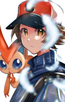 1boy 2mm92666017 blue_eyes blue_jacket blurry brown_eyes brown_hair closed_mouth commentary_request depth_of_field falling_feathers feathers gen_5_pokemon hat hilbert_(pokemon) jacket legendary_pokemon looking_to_the_side male_focus mythical_pokemon nintendo pokemon pokemon_(creature) pokemon_bw red_hat short_hair strap victini