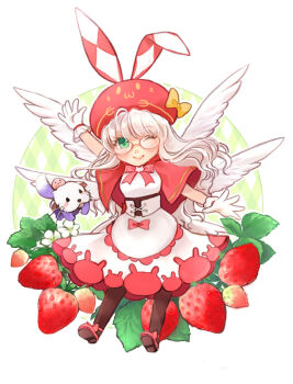 Rule 34 | 1girl, :3, animal ear headwear, animal ears, arm up, black pantyhose, blush, capelet, closed mouth, commentary request, dress, fake animal ears, feathered wings, food, fruit, full body, glasses, gloves, gobaku no hito, green eyes, hat, long hair, looking at viewer, one eye closed, otter, pantyhose, poring, rabbit ears, ragnarok masters, ragnarok online, red capelet, red hat, red shoes, rimless eyewear, shoes, smile, solo, strawberry, waving, white dress, white gloves, white wings, wings