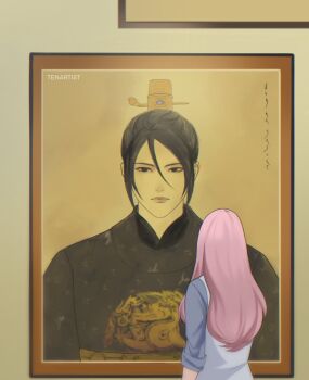 Rule 34 | 1boy, 1girl, alternate costume, alternate hairstyle, artist name, back, black hair, black hanfu, blue shirt, character name, chinese clothes, closed mouth, commentary, english commentary, hair between eyes, hanfu, haruno sakura, highres, looking ahead, naruto (series), painting (object), pink hair, portrait (object), sepia, shirt, sleeves rolled up, tenartistt, uchiha sasuke, upper body, vest, white vest, xiao guan (headdress), yuanlingpao