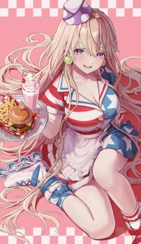 1girl absurdres adapted_costume aged_up alternate_costume american_flag_dress americana apron blonde_hair blue_socks blush breasts burger buttons checkered_background cherry cleavage clownpiece collared_dress cup diner dress drinking_glass drinking_straw earrings fingernails food french_fries frills fruit hair_between_eyes hand_up hat highres holding holding_tray jewelry large_breasts long_hair looking_at_viewer maid_apron milkshake mismatched_socks no_wings open_mouth pink_background polka_dot polka_dot_headwear puffy_short_sleeves puffy_sleeves purple_eyes purple_hat red_socks roller_skates shadow short_sleeves sidelocks simple_background sitting skates smile socks solo star_(symbol) star_print striped_clothes striped_dress striped_socks teeth tongue torinari_(dtvisu) touhou tray white_apron white_footwear