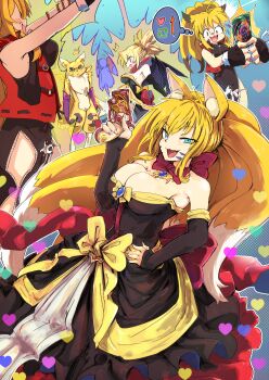 3girls absurdres animal_ears blonde_hair blush breasts character_request demon_girl demon_wings digimon disgaea dress fox_ears fox_girl fox_tail fusion gun heart highres icarus_(2010741) kitsune long_hair looking_at_viewer makai_senki_disgaea_2 multiple_girls namco_x_capcom oridigi pixiv_user_(3406099) polymerization renamon ribbon rozalin shinrabanshoumon tail trait_connection weapon wings xiaomu yu-gi-oh!