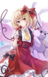 Rule 34 | 1girl, alternate costume, black bow, blonde hair, bow, clothing request, commentary request, crystal, flandre scarlet, hair bow, hair ornament, hairclip, highres, holding, holding stuffed toy, kure~pu, looking at viewer, necktie, one side up, red bow, red eyes, side ponytail, solo, stuffed animal, stuffed rabbit, stuffed toy, teddy bear, touhou, wings, wrist cuffs, x hair ornament, yellow necktie