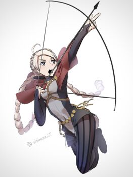 1girl ahoge blue_eyes bow_(weapon) braid breasts capelet chakamaru_ut drawing_bow dress fire_emblem fire_emblem_fates hairband harness highres holding holding_bow_(weapon) holding_weapon hood hooded_capelet keyring long_hair low_twin_braids low_twintails medium_breasts microdress nina_(fire_emblem) nintendo o-ring o-ring_harness open_mouth pantyhose parted_bangs red_hood striped_clothes striped_pantyhose twin_braids twintails vertical-striped_clothes vertical-striped_pantyhose weapon white_hair