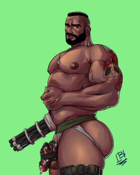 1boy :o absurdres arm_tattoo ass_lift bara barret_wallace beard cowboy_shot dark-skinned_male dark_skin facial_hair final_fantasy from_side full_beard gatling_gun highres jockstrap large_pectorals looking_at_viewer lupin_barnabi male_focus male_underwear mature_male muscular muscular_male nipples pectorals penis precum prosthetic_weapon short_hair solo standing strongman_waist tattoo thick_thighs thighs uncensored underwear
