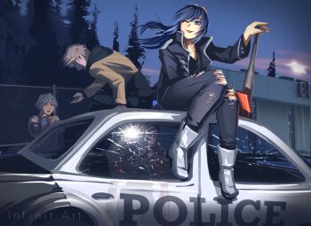 1girl 2boys ;p alternate_costume ankle_boots artist_name baseball_bat black_jacket black_pants black_shirt blonde_hair blue_hair boots broken_glass car chain-link_fence contemporary cosplay cousins fence fire_emblem fire_emblem_awakening glass grey_hair highres holding holding_baseball_bat hood hoodie infinit_art inigo_(fire_emblem) jacket long_hair lucina_(fire_emblem) motor_vehicle multiple_boys my_chemical_romance night night_sky nintendo on_car one_eye_closed owain_(fire_emblem) pants police_car shirt short_hair sitting sky tongue tongue_out torn_clothes torn_pants tree vandalism watermark white_boots yellow_hoodie