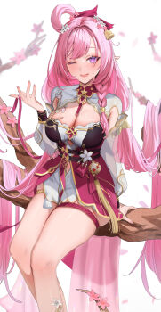 1girl absurdres anzu0130 arm_support armpit_cutout artist_name bell blush braid branch breasts cherry_blossom_print cleavage clothing_cutout commentary diamond-shaped_pupils diamond_(shape) dress elf elysia_(herrscher_of_human:_ego)_(honkai_impact) elysia_(honkai_impact) elysia_(peachy_spring)_(honkai_impact) floral_print flower hair_bell hair_ornament hair_rings highres honkai_(series) honkai_impact_3rd large_breasts long_hair long_sleeves looking_at_viewer multicolored_dress one_eye_closed open_mouth petals pink_flower pink_hair pointy_ears puffy_long_sleeves puffy_sleeves purple_eyes see-through_clothes see-through_sleeves shoes simple_background single_braid single_hair_ring sitting_on_branch smile solo symbol-shaped_pupils thigh_strap thighs very_long_hair white_background