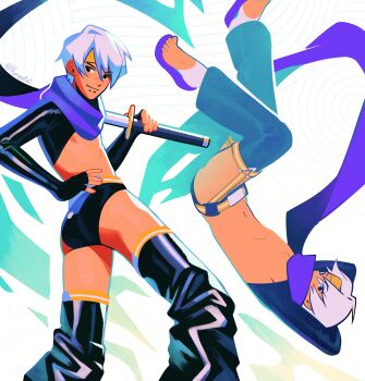 1boy absurdres awesome_(nifast_(greentail)) belt black_shrug fingerless_gloves gloves headband highres katana latex male_focus male_swimwear navel nifast_(greentail) open-toe_shoes original purple_scarf scarf short_hair shrug_(clothing) smile snakebite_(piercing) standing swim_briefs sword thighhighs toes underpec weapon white_hair yellow_headband