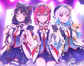 3girls :3 :d absurdres anger_vein animal_ears animal_hair_ornament beret bird blue_eyes blue_gloves blue_hair blue_hat blue_shorts blue_skirt blush braid brown_hair colored_inner_hair colored_lapels commentary_request crown_hat_ornament dog_ears dog_girl fangs frilled_skirt frills gloves grin group_picture hair_between_eyes hair_intakes hair_ornament half_gloves hand_up hands_up hat heterochromia highres holding_hands idol_clothes interlocked_fingers inui_toko jacket lapels leg_ribbon lize_helesta long_hair looking_at_viewer miniskirt mitsumine_(ookami_no_oyashiro) multicolored_hair multiple_girls neck_ribbon nijisanji open_mouth pleated_skirt puffy_short_sleeves puffy_sleeves purple_background purple_eyes purple_ribbon red_eyes red_hair red_ribbon ribbon sanbaka_(nijisanji) sanbaka_anniversary_outfit sebastian_piyodore short_hair short_sleeves shorts side-by-side single_hair_intake single_wrist_cuff skirt smile stage_lights streaked_hair tassel thigh_ribbon thigh_strap two-tone_hair very_long_hair virtual_youtuber white_hair white_jacket wrist_cuffs yellow_bird yellow_eyes