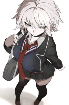 1girl ahoge bag black_jacket black_thighhighs blue_sweater blush breasts brown_shoes choker collared_shirt fate/grand_order fate_(series) grey_hair grey_skirt highres jacket jeanne_d'arc_alter_(fate) large_breasts loafers long_sleeves looking_to_the_side necktie pseudo-tokyo_school_uniform ri_o_ne_su school_uniform shirt shoes short_hair shoulder_bag skirt solo sweater thighhighs white_shirt yellow_eyes