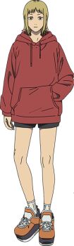 Rule 34 | 1girl, anime coloring, blonde hair, breasts, brown shoes, chainsaw man, closed mouth, full body, hands in pockets, hood, hoodie, looking at viewer, official art, red eyes, red hoodie, sawatari akane (chainsaw man), shoes, short hair, shorts, sidelocks, simple background, sneakers, socks, solo, standing, sugiyama kazutaka, thighs, transparent background, white socks