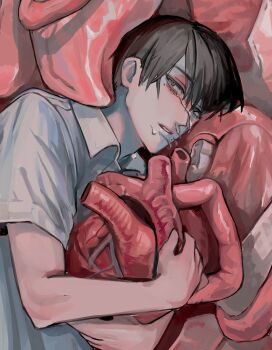 1boy black_hair collared_shirt crying grey_eyes hajae hashtag-only_commentary heart_(organ) highres hikaru_ga_shinda_natsu holding_heart_(organ) male_focus mole mole_on_cheek mole_under_eye mole_under_mouth multiple_moles shirt slit_pupils snot solo tears tsujinaka_yoshiki upper_body white_shirt