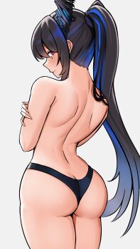 1girl absurdres ass back black_hair black_panties blue_hair closed_mouth commentary cowboy_shot demon_horns english_commentary from_behind high_ponytail highres hololive hololive_english horns looking_back mole mole_under_eye multicolored_hair nerissa_ravencroft panpanmc4 panties ponytail red_eyes simple_background solo topless_female two-tone_hair underwear virtual_youtuber white_background