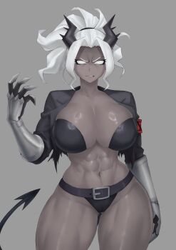 1girl abs absurdres angry belt black_belt black_horns black_jacket breasts commentary demon demon_girl demon_horns demon_tail english_commentary grey_background helltaker highres horns jacket judgement_(helltaker) meruzis metal_gloves navel shiny_skin standing tail thighs torn_clothes torn_jacket white_eyes white_hair