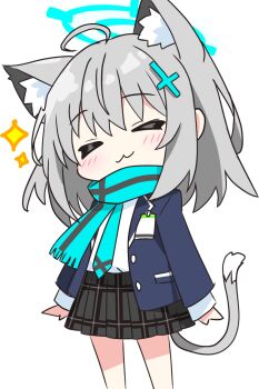 1girl :3 ahoge black_skirt blue_archive blue_halo blue_jacket blue_scarf blush closed_eyes closed_mouth commentary_request cowboy_shot cross_hair_ornament grey_hair hair_ornament halo jacket kotatsu-mazoku layered_sleeves long_sleeves miniskirt open_clothes open_jacket plaid_clothes plaid_skirt pleated_skirt scarf shiroko_(blue_archive) shirt short_hair sidelocks simple_background skirt solo sparkle white_background white_shirt