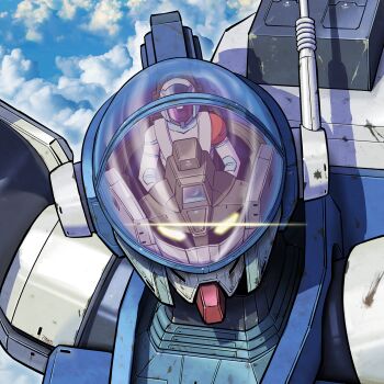 1boy aoki_ryuusei_spt_layzner asuka_eiji camera cloud cockpit glass_cockpit glowing glowing_eyes highres layzner mecha mecha_focus neo_(neo-log) pilot_suit robot rust sky yellow_eyes