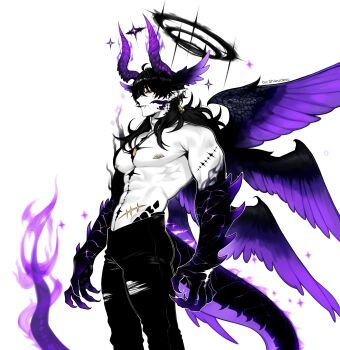 1boy abs absurdres ahoge alternate_form artist_name black_hair closed_mouth commentary english_commentary fangs halo head_wings highres horns long_hair male_focus male_rover_(wuthering_waves) multiple_piercings multiple_wings muscular muscular_male mutation nipple_piercing pants partially_colored piercing pointy_ears purple_horns purple_wings rover_(wuthering_waves) shiwudesu simple_background solo tacet_mark_(wuthering_waves) tail topless_male torn_clothes torn_pants white_background wings wuthering_waves yellow_eyes