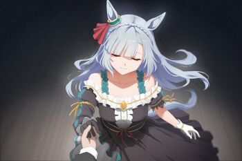 Rule 34 | 1girl, acreen, animal ears, artist name, asymmetrical gloves, asymmetrical sleeves, black dress, black gloves, blue hair, blunt bangs, braid, breasts, closed eyes, collarbone, crown braid, dress, frilled dress, frills, gloves, hair ornament, highres, holding hands, horse ears, horse girl, long hair, medium breasts, mejiro ardan (clinochlore line) (umamusume), mejiro ardan (umamusume), mismatched gloves, off-shoulder dress, off shoulder, signature, simple background, smile, umamusume, white gloves