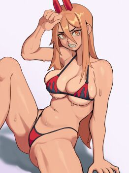 1girl absurdres arm_up bikini breasts chainsaw_man commentary cross-shaped_pupils demon_girl demon_horns english_commentary from_side hair_between_eyes highres horns leaning_back long_hair_between_eyes looking_at_viewer milkmountain navel power_(chainsaw_man) red_horns ringed_eyes shadow sharp_teeth solo spread_legs sweat sweatdrop swimsuit symbol-shaped_pupils teeth upper_body white_background